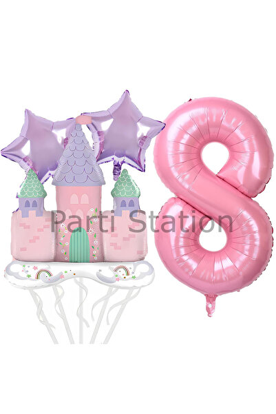 Parti Station Prenses Konsept 8 Yaş Pembe Renk Rakam Balon Set Prenses Evi Şa...