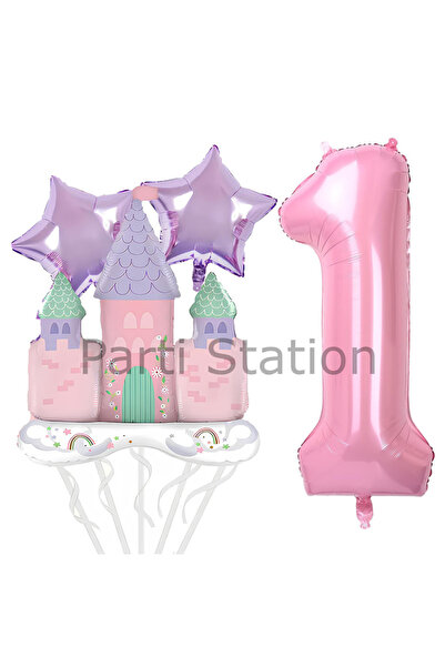 Parti Station Prenses Konsept 1 Yaş Pembe Renk Rakam Balon Set Prenses Evi Şa...