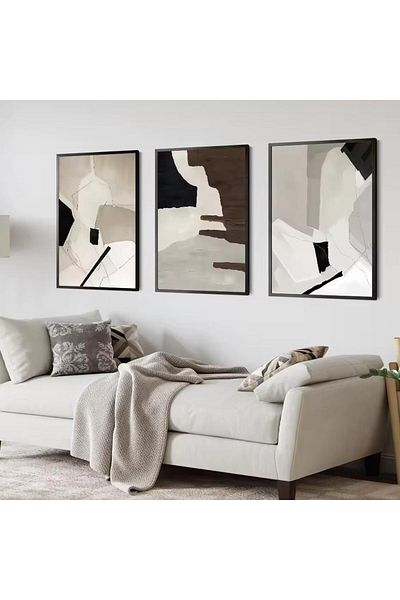 Linacci Set of 3 Black Metal Frame Abstract Modern Style Glass Painting