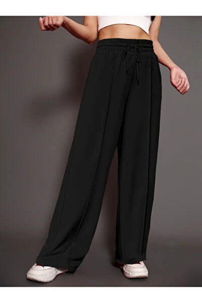 yx yustex sport Siyah Bol Paça Çımalı Kadın Eşofman Altı