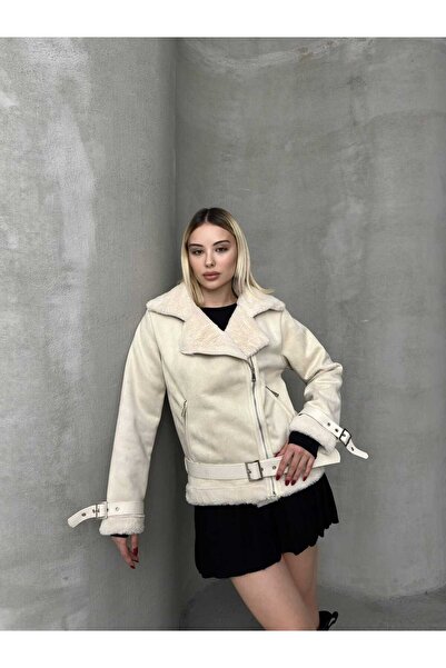 MODA DURAĞI Premium New Season Γυναικείο Premium δερμάτινο παλτό από σουέτ με λεπτομέρεια από ραπέτα στη ζώνη