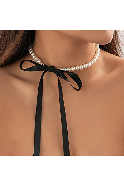 SavBrand Vintage Neck Collar Long Pearled Satin Design Chain Necklace Lace Satin with Pearl Necklace