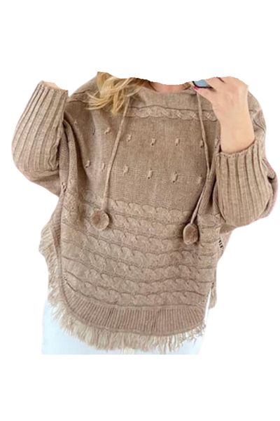 MODA Women's Hooded Pompom Detail Knitwear Poncho Jb 09114789