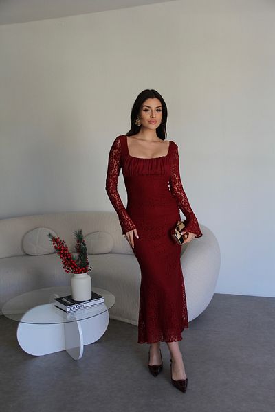 Julidress Burgundy Tulle Neckline Lined Maxi Long Length Premium Design Lace Dress