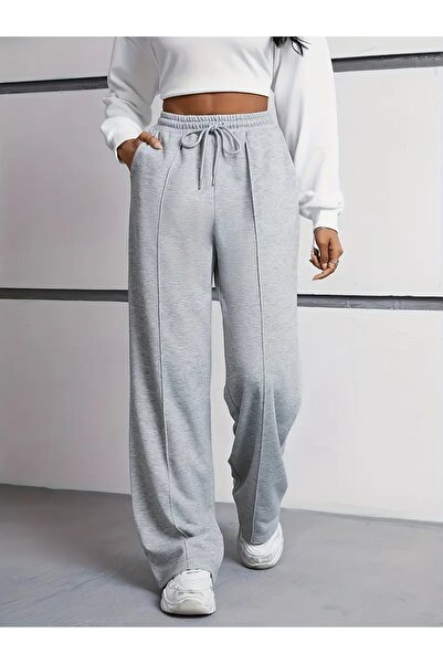 yx yustex sport Kadın Çımalı Gri Bol Paça Baggy Kalıp Rahat Giyim Eşofman Altı