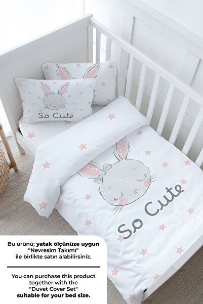 Tuğba Kuğu Bebek Boy Lastikli Çarşaf Seti - For Baby Serisi - Pembe Kulaklı Tavşan
