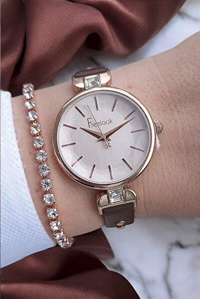 Freelook Kahverengi Deri Kayışlı Kesme Camlı Kadın Kol Saati, Taşlı Bileklik Hediyeli
