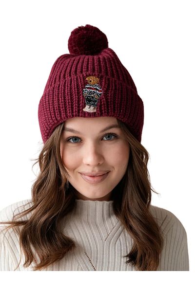 EyShan Claret Red Teddy Bear - Teddy Bear with Embroidery and Pompom Detail