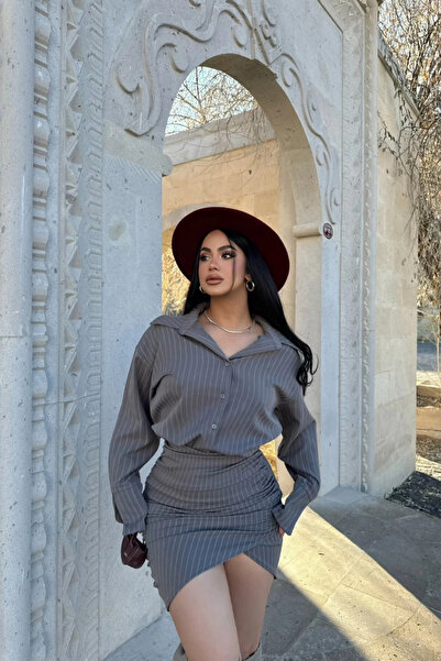 MOZENA Rochie cămașă mini cu dungi, din țesătură dublă