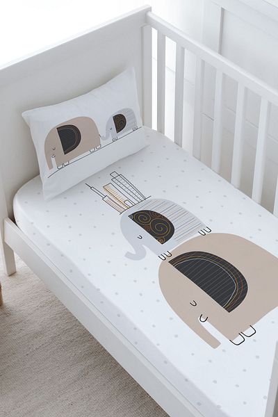 Tuğba Kuğu Baby Size Fitted Sheet Set - Pure Baby Series - Elephants and Houses