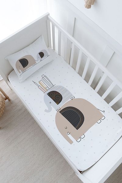 Tuğba Kuğu Baby Size Fitted Sheet Set - Pure Baby Series - Elephants and Houses