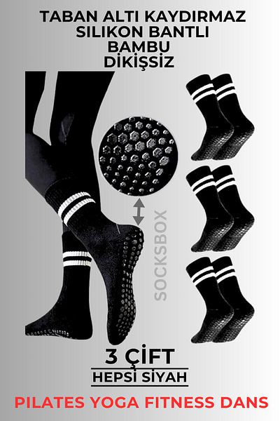 socksbox Black Bamboo Women's Anti-Slip Sole Silicone Print Pilates Yoga Fitness Ballet Dance Sports Tennis Sock