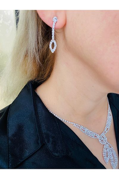 xesha Waterway Rhinestone Silver Color Elegant Choker Set Necklace and Earrings Set