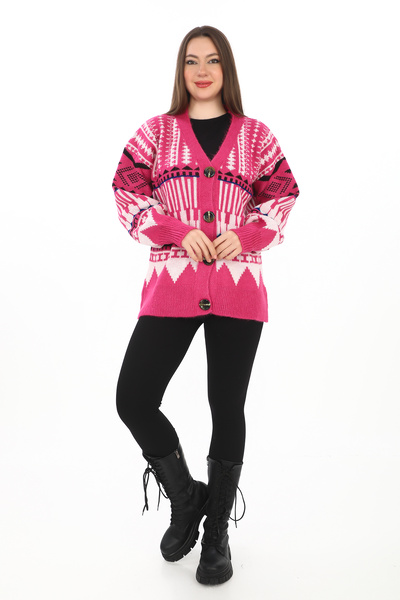 02Lady Fashion Oversize Buttoned Knitted Detailed Knitwear Cardigan
