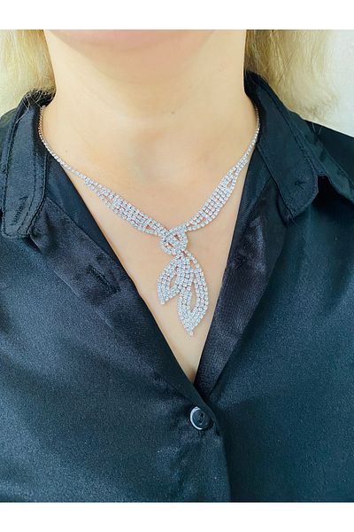 xesha Waterway Rhinestone Silver Color Elegant Choker Set Necklace and Earrings Set