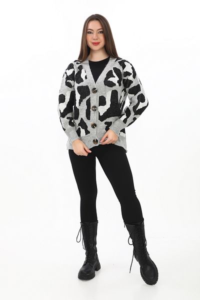 02Lady Fashion Leopard Print Buttoned Oversize Knitted Detailed Knitwear Cardigan