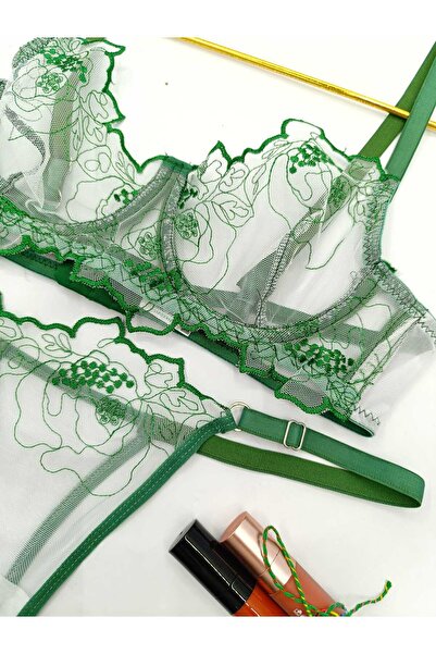 La Linaa Σετ σουτιέν με καλοκαιρινό πράσινο γυναικείο τούλι στρινγκ καλσόν