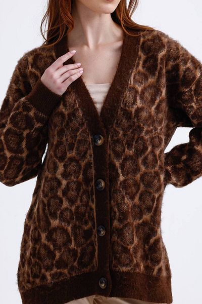 02Lady Fashion Leopard Patterned Oversize Buttoned Soft Knitted Cardigan