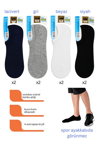 socksbox Bamboo Men's Sneaker Socks Seamless Invisible Ankle Sports Socks Premium 8 Pairs /40-44