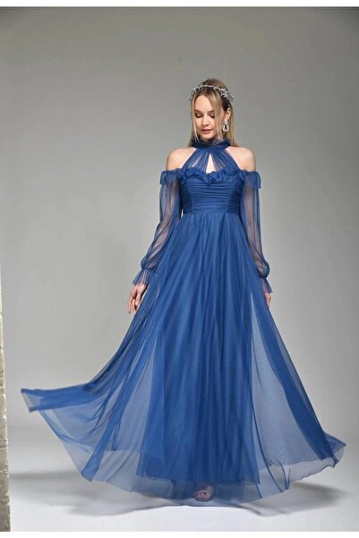 sarebutik فستان سهرة طويل من التول باللون الكحلي لحفلات الزفاف