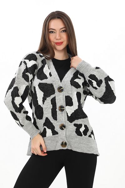 02Lady Fashion Leopard Print Buttoned Oversize Knitted Detailed Knitwear Cardigan