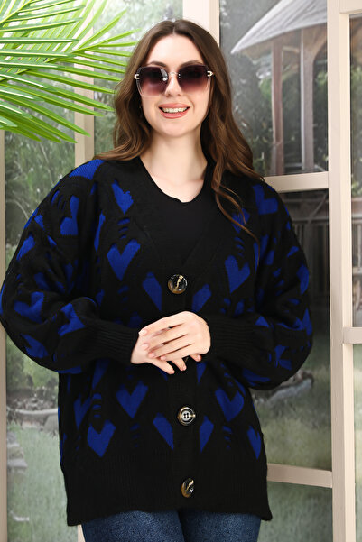 02Lady Fashion Oversize Soft Heart Patterned Knitted Detail Buttoned Stricker...