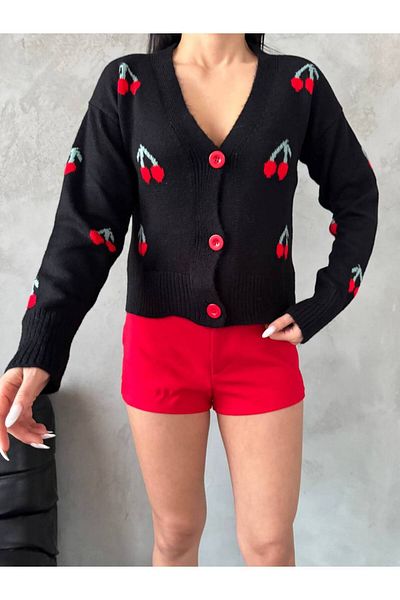 02Lady Fashion Cherry Knitted Detail Buttoned Trick Crop Cardigan