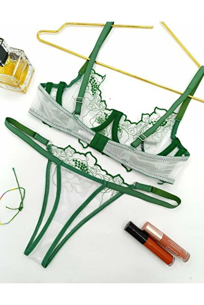 La Linaa Σετ σουτιέν με καλοκαιρινό πράσινο γυναικείο τούλι στρινγκ καλσόν