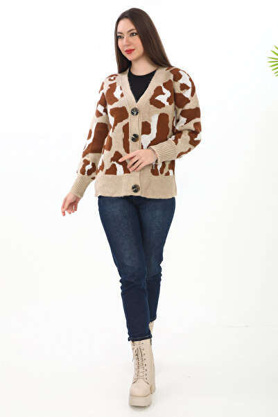 02Lady Fashion Leopard Print Buttoned Oversize Knitted Detailed Knitwear Cardigan