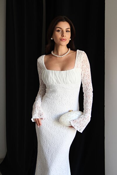 Julidress Beyaz Tül Yaka Astarlı Maxi Uzun Boy Premium Tasarım Nişan Davet Dantel Elbise