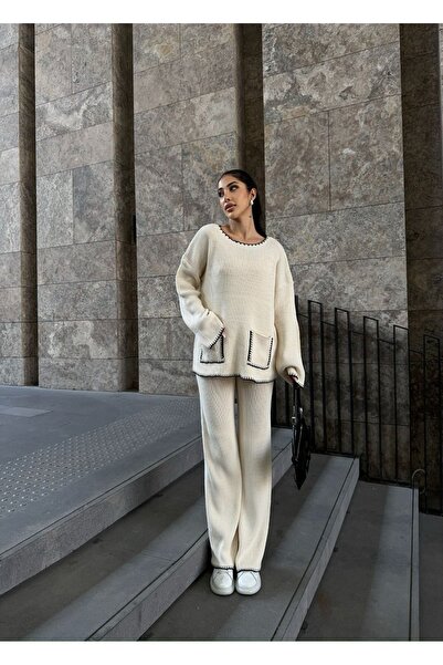 02Lady Fashion Kabát gallér zseb részletekkel, túlméretezett kardigán és magas derekú, széles szárú nadrág alsó felső kötöttáru szett