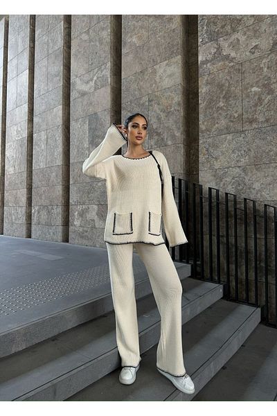 02Lady Fashion Jacket Collar Pocket Detail Oversize Cardigan and High Waist Wide Leg Trousers Bottom Top Knitwear Set