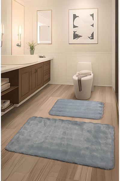 FeelHome Bubble Rabbit Hair, Αντιολισθητική Βάση, Αφράτο, Ultra Luxury, Πλένεται 2 τεμαχίων Χαλάκι μπάνιου Γκρι