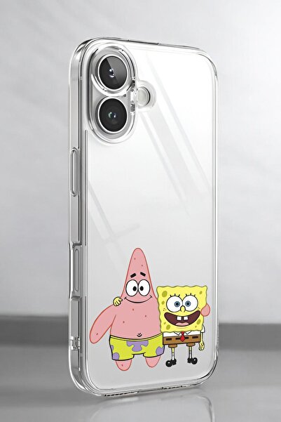 mooodcase iPhone 16 Uyumlu Sünger Bob ve Patrick Star Desenli Premium Silikonlu Şeffaf Telefon Kılıfı
