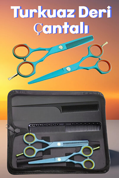 ESENLİWE 5 Parça Deri Çantalı Turkuaz Kuaför Berber Saç Kesim Seti Paslanmaz Çelik