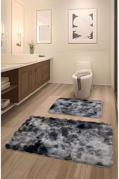 FeelHome Ultra Luxury 2-Pece Washable Bath Mat - Bubble Rabbit Hair, Αντιολισθητική Βάση, Αφράτο Γκρι