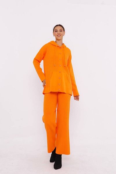 02Lady Fashion Hooded Buttoned Wide Leg Kanguri Pocket Knitwear Set