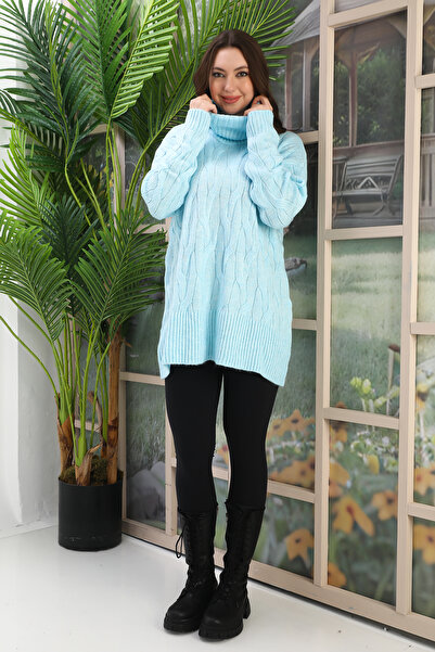 02Lady Fashion BALIKÇI YAKA ÖRME DETAYLI  OVERSİZE TRİKO TUNİK KAZAK