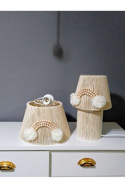 poplinhome Makrome Children's Room - Chandelier Lampshade Set, Bead Pompom Ecru Macrame Chandelier