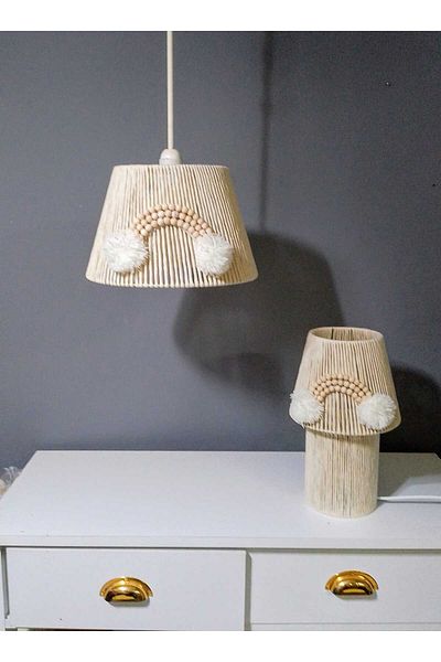 poplinhome Makrome Children's Room - Chandelier Lampshade Set, Bead Pompom Ecru Macrame Chandelier
