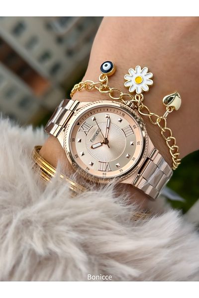 Ferrucci Rose Colored Steel Cord Women's Wrist Watch and Beaded Bracelet