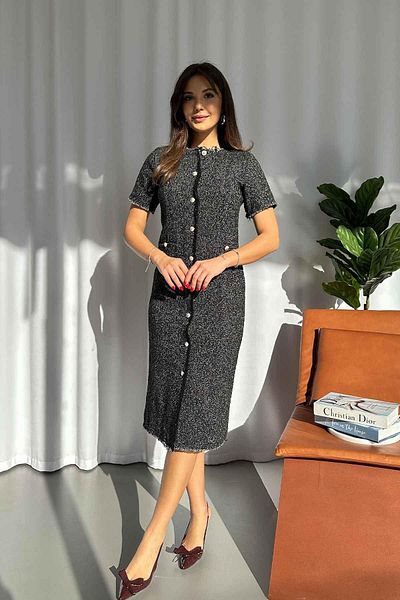 Mine Tan Butik Anthracite Midi Pencil Dress - Tweed Texture