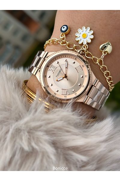 Ferrucci Rose Colored Steel Cord Women's Wrist Watch and Beaded Bracelet