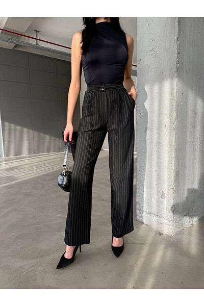 cto your style Women's Black Striped Pocket Palazzo Lycra Trousers