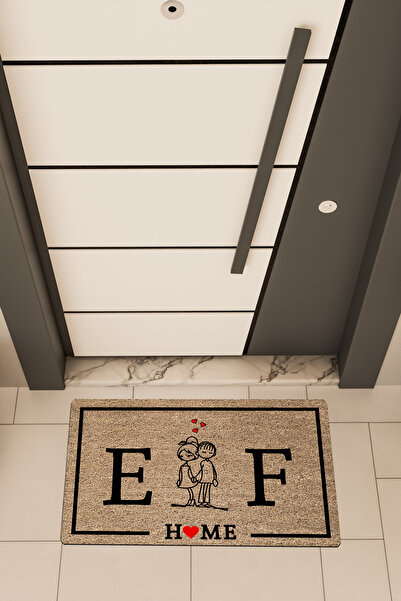 Dormot Yüksek Kaliteli Dijital Baskı Kahverengi, Kişiye Özel Çizgi Çift Harf temalı Kapı Önü Paspası