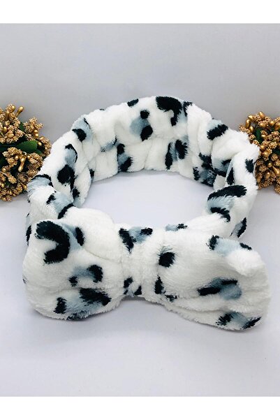 İnDerin Bandana elastică cu fundă de pluș leopard alb-negru