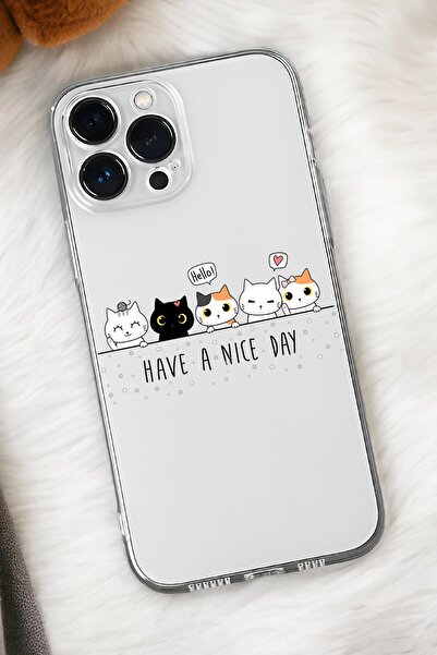 mooodcase iPhone 16 Pro Uyumlu Şirin Kedicikler Desenli Premium Silikonlu Şeffaf Telefon Kılıfı