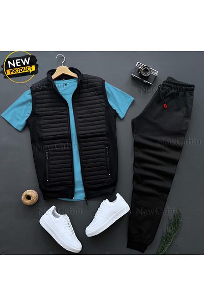 NewCabin Vestă matlasată de sezon nou - Pantaloni de trening - Combinație de tricou Set 3 piese de jos și de sus