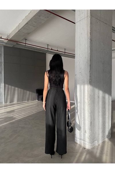 cto your style Women's Black Striped Pocket Palazzo Lycra Trousers