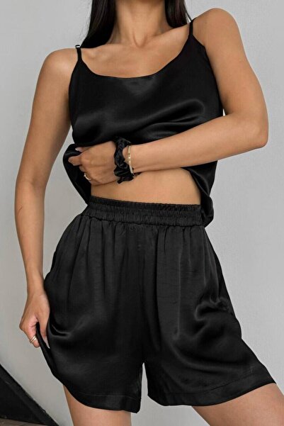Mine Tan Butik Піжама з тонким бретельками та шортами - чорна
